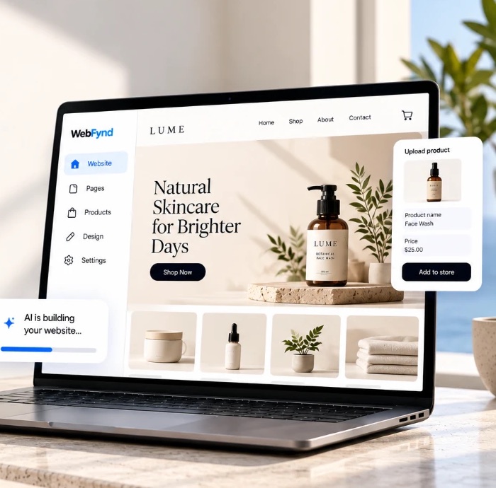 A skincare store being built in the Webfynd website builder